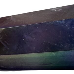 Standing rainbow amethyst aura polished crystal point 13 sians emporium Polished rainbow amethyst aura quartz generator point showing iridescent green violet and gold metallic sheen over natural chevron banding